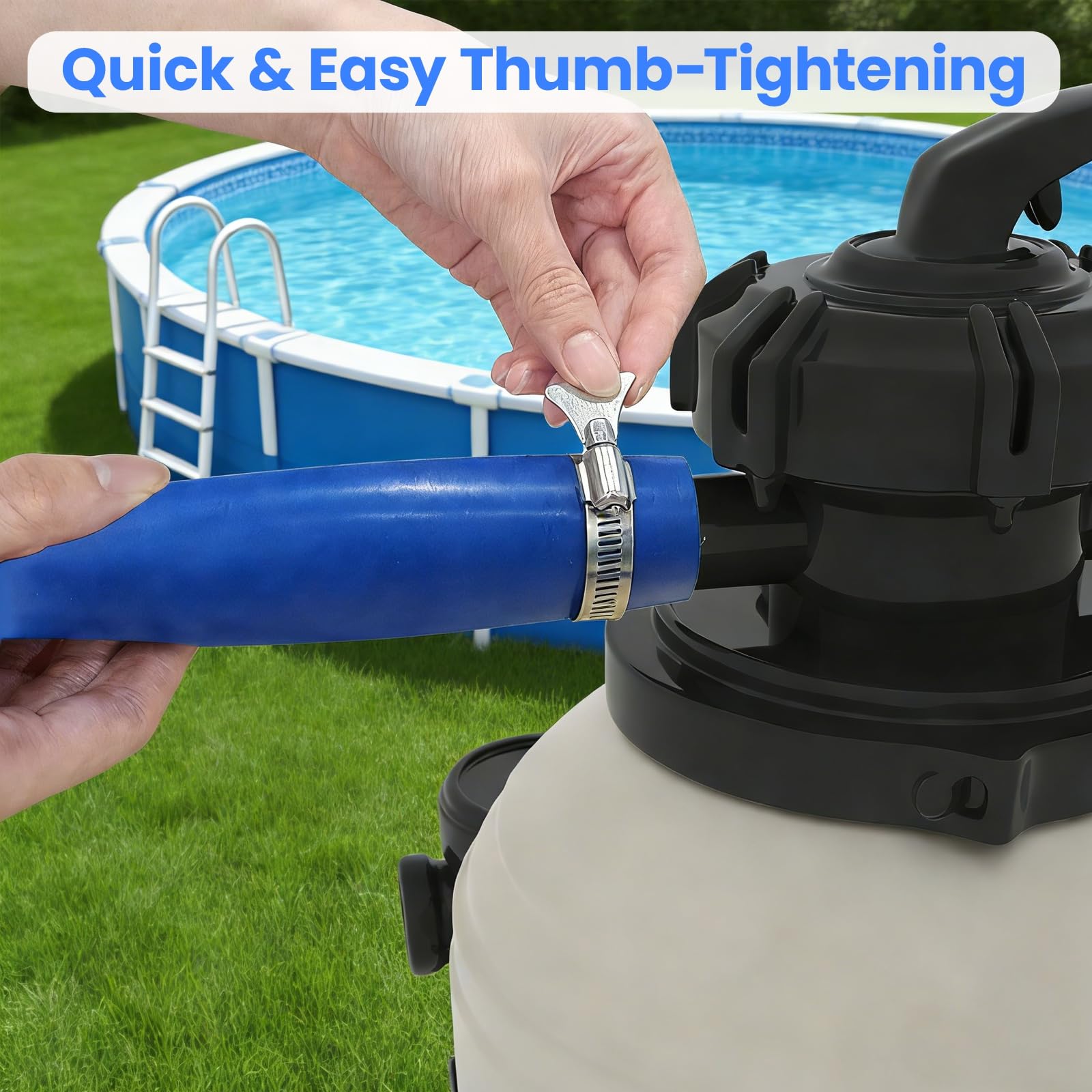 Poolvio manguera extendida junto a una persona para mostrar longitud y escala