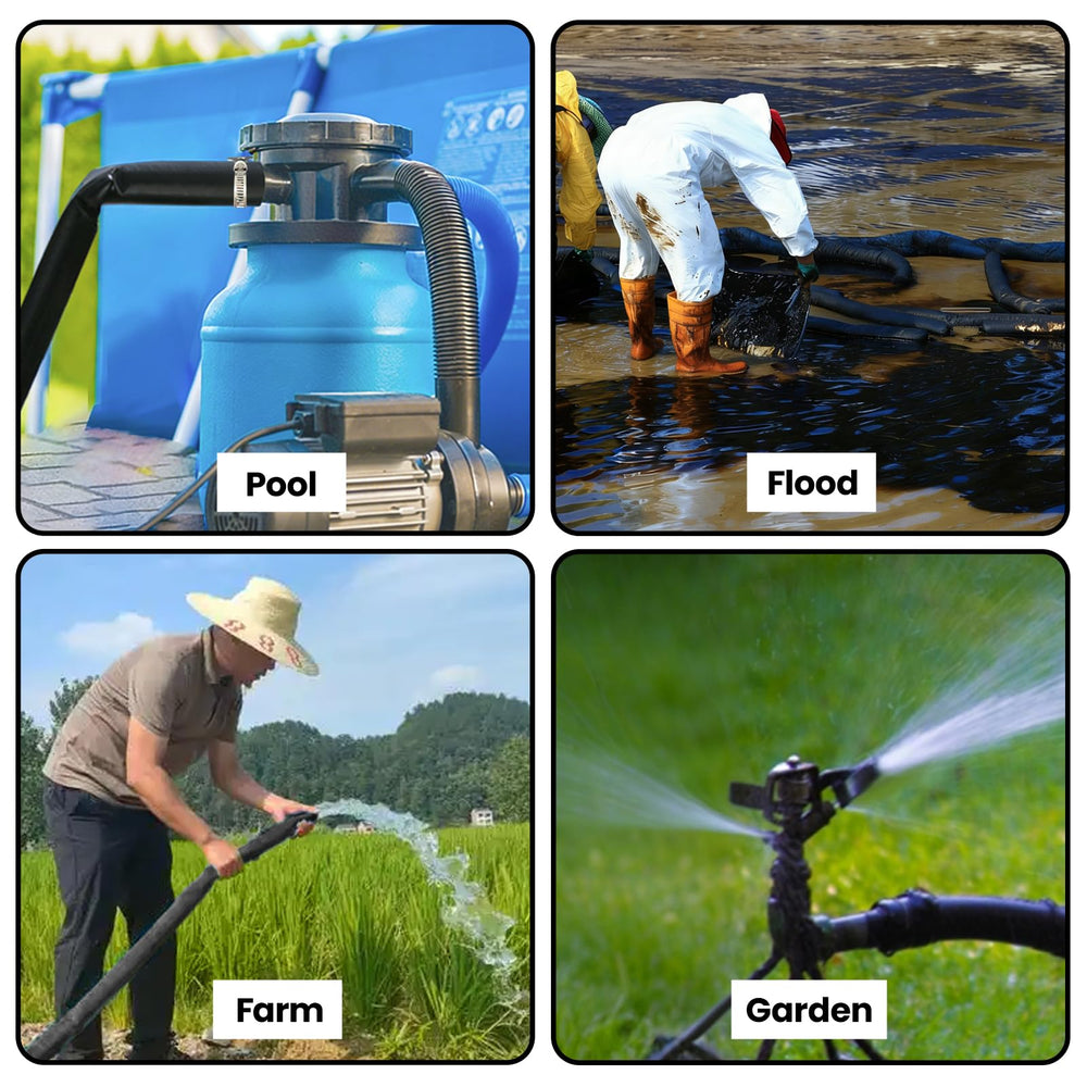 Poolvio hose carrying runoff in outdoor setting showing reliable yard drainage