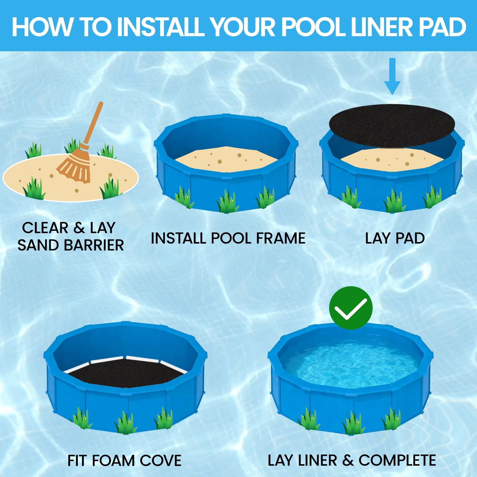 Poolvio pad installed under pool in backyard showing weed barrier benefit