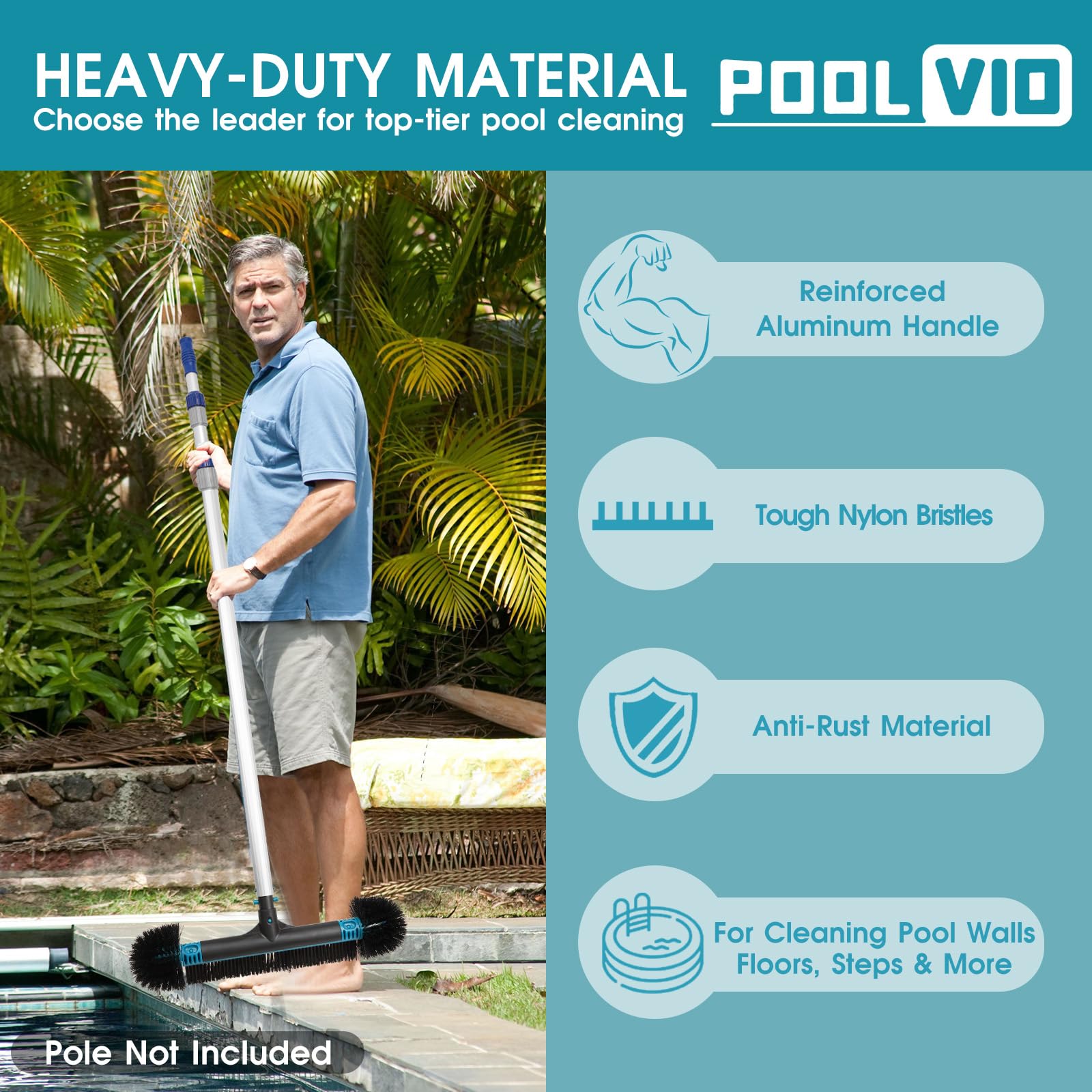 Poolvio brush head next to telescopic pole to show size and compatibility