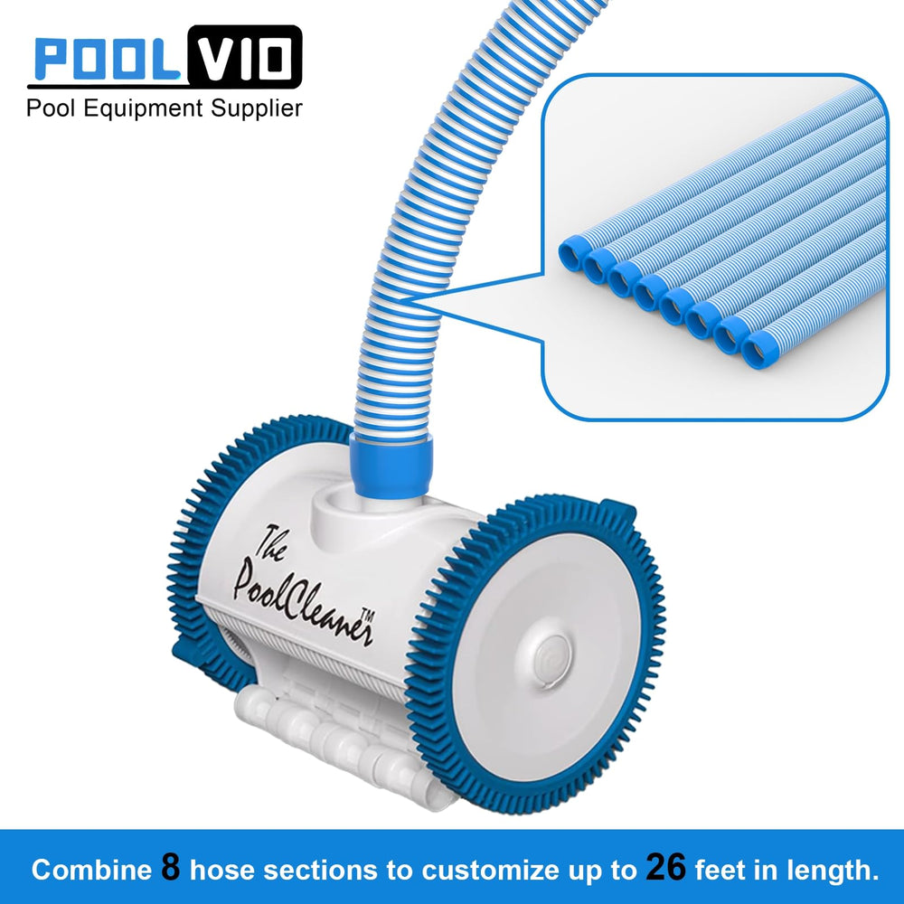 Poolvio hose held in hand to show lightweight, manageable size