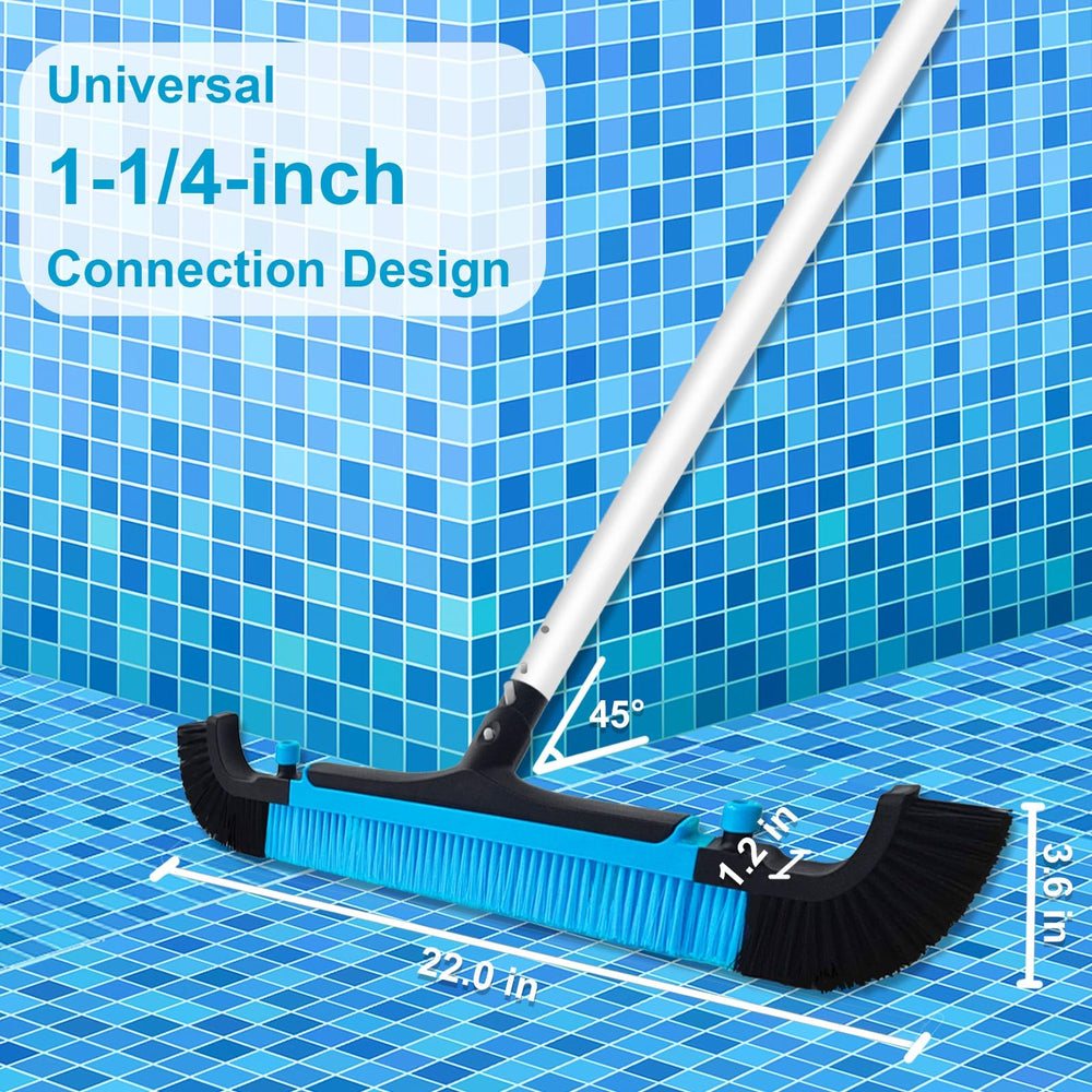 Poolvio brush next to measuring tape showing 22-inch width for quicker surface coverage
