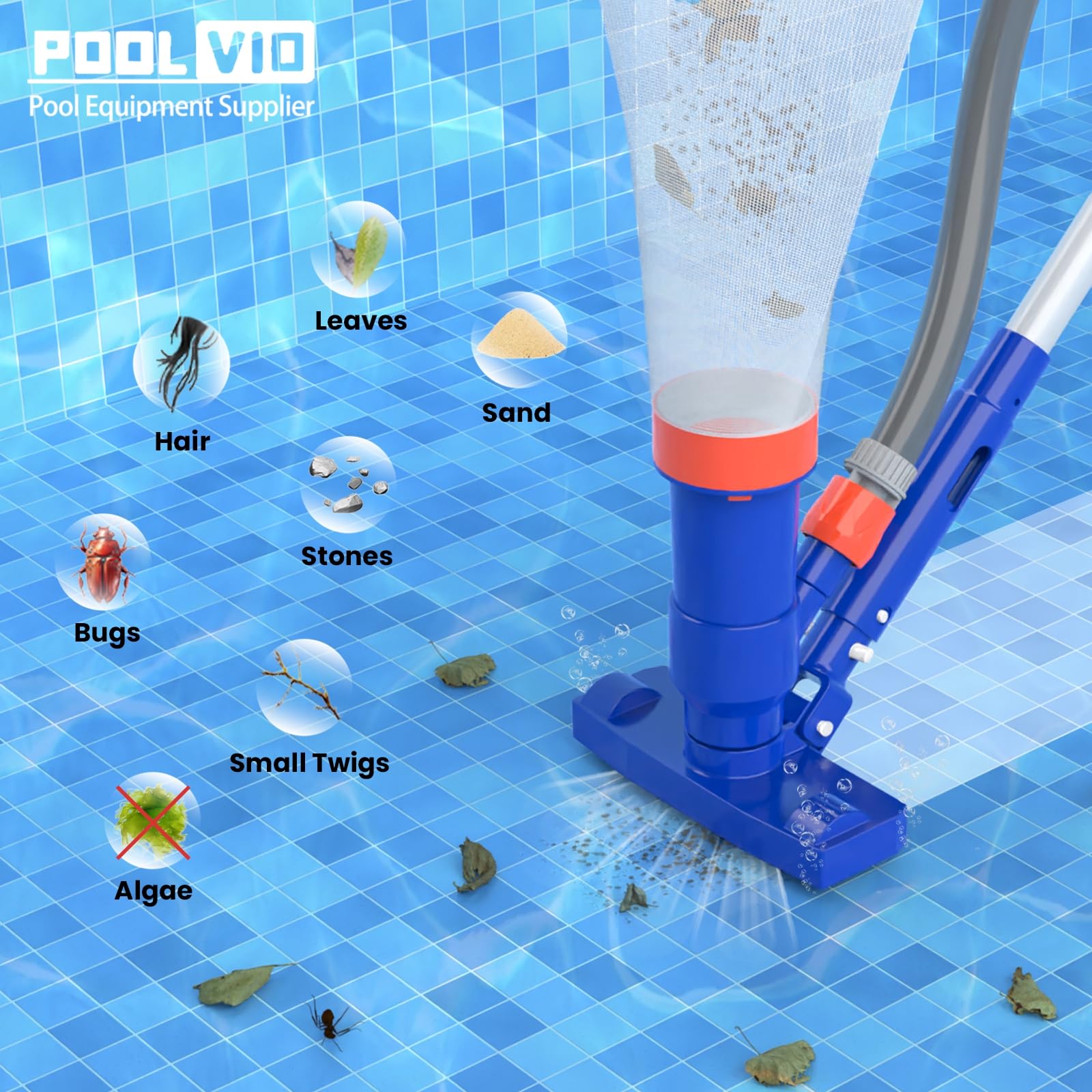 Poolvio vacuum attached to hose cleaning pool bottom without power