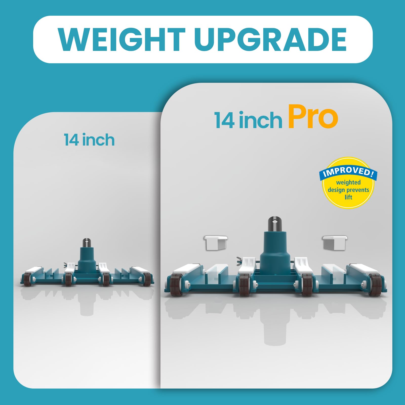 POOLWHALE underside close-up showing wheels and weights for steady floor contact