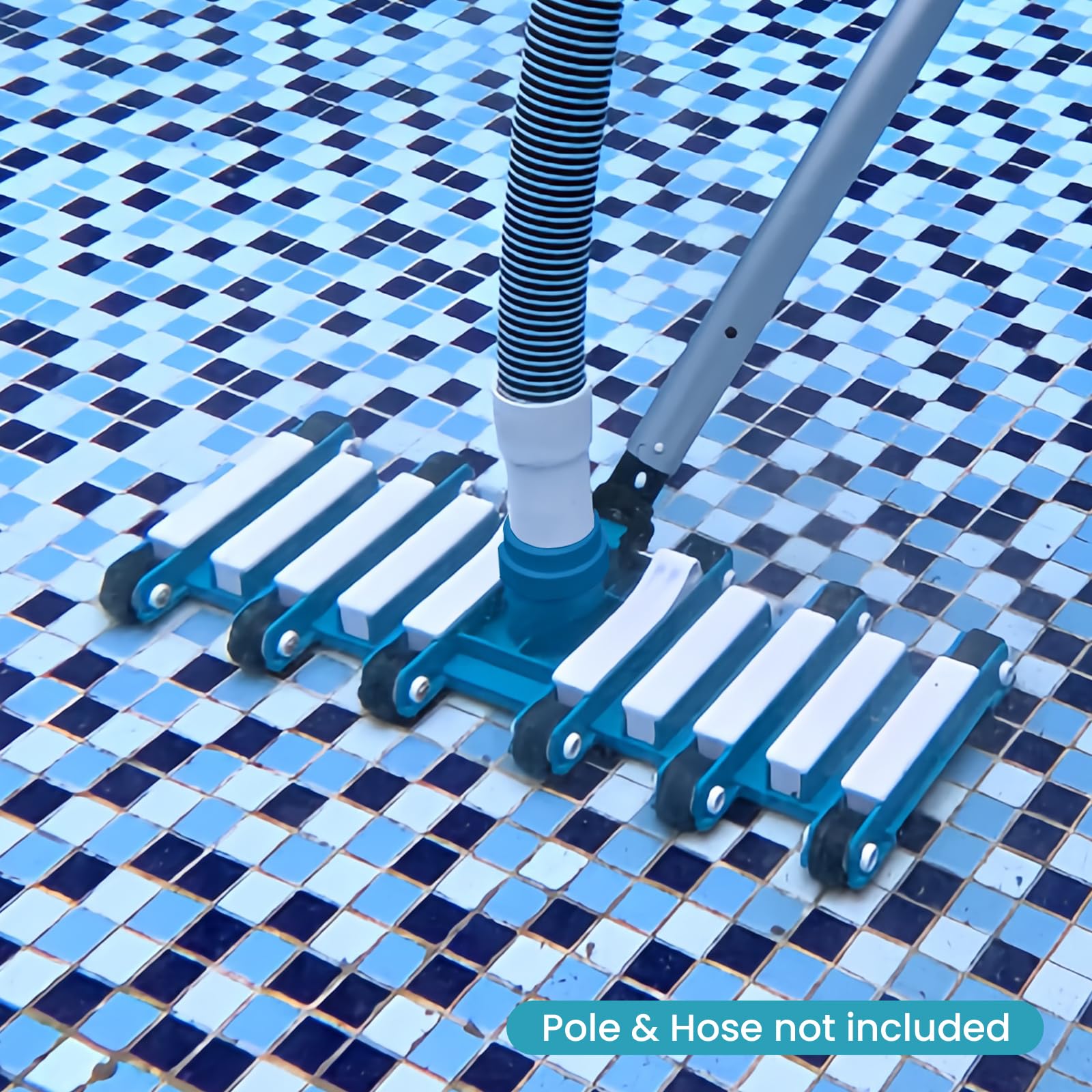 POOLWHALE product staged poolside with hose and pole for ready-to-clean homeowner setup