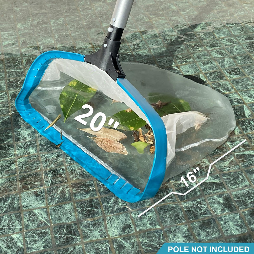 POOLWHALE skimmer net in use on pool surface collecting leaves and small particles for cleaner water