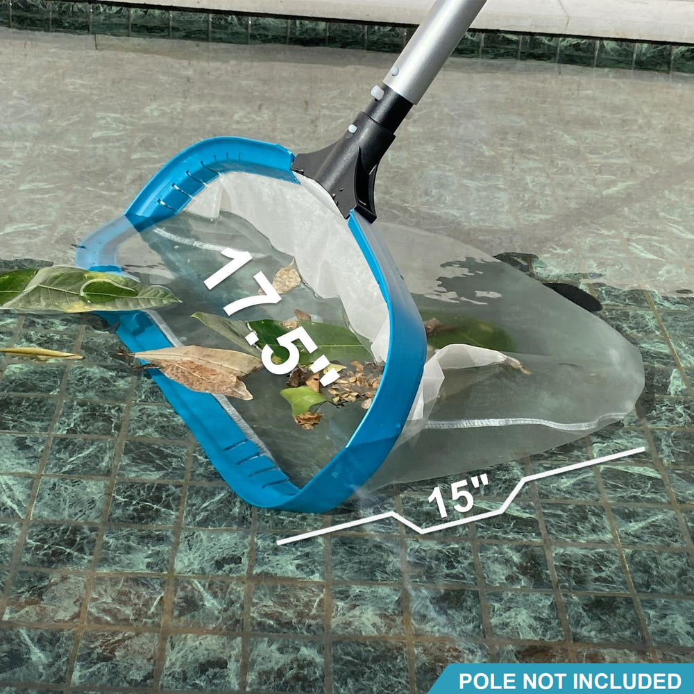 POOLWHALE skimmer in use on pool floor collecting sand and leaves for faster maintenance