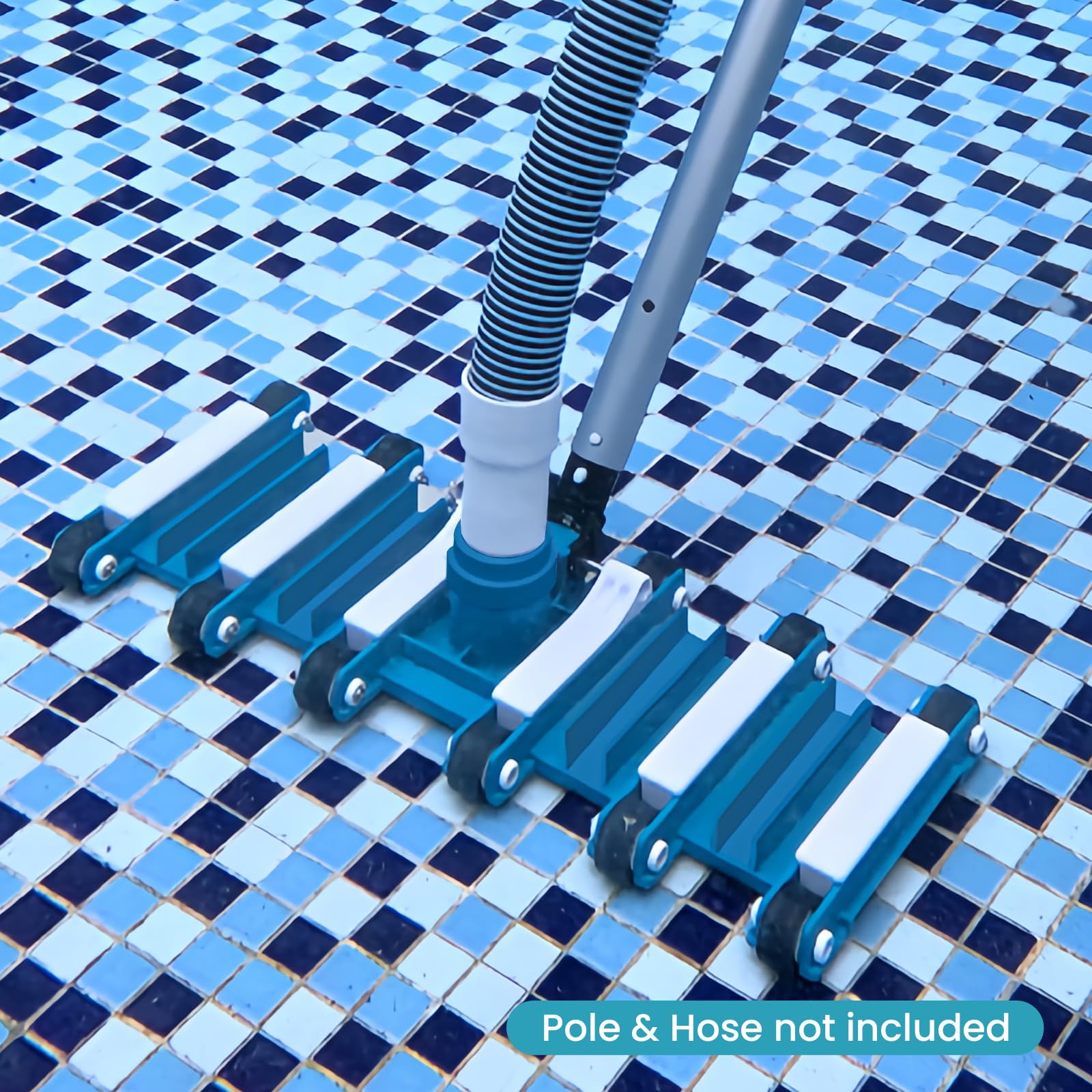 POOLWHALE vacuum head attached to standard pole showing size and scale for usability