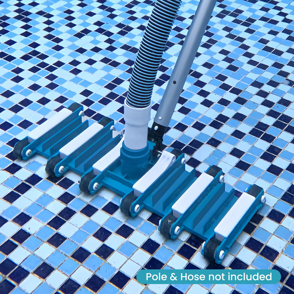 POOLWHALE vacuum head attached to standard pole showing size and scale for usability
