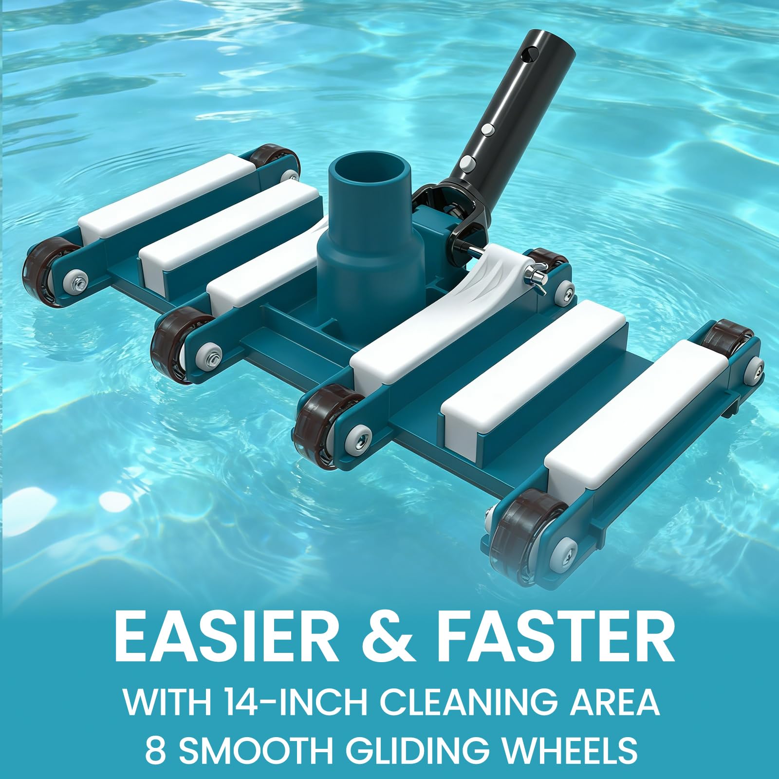 POOLWHALE vacuum head beside standard pole showing 14-inch scale for sizing
