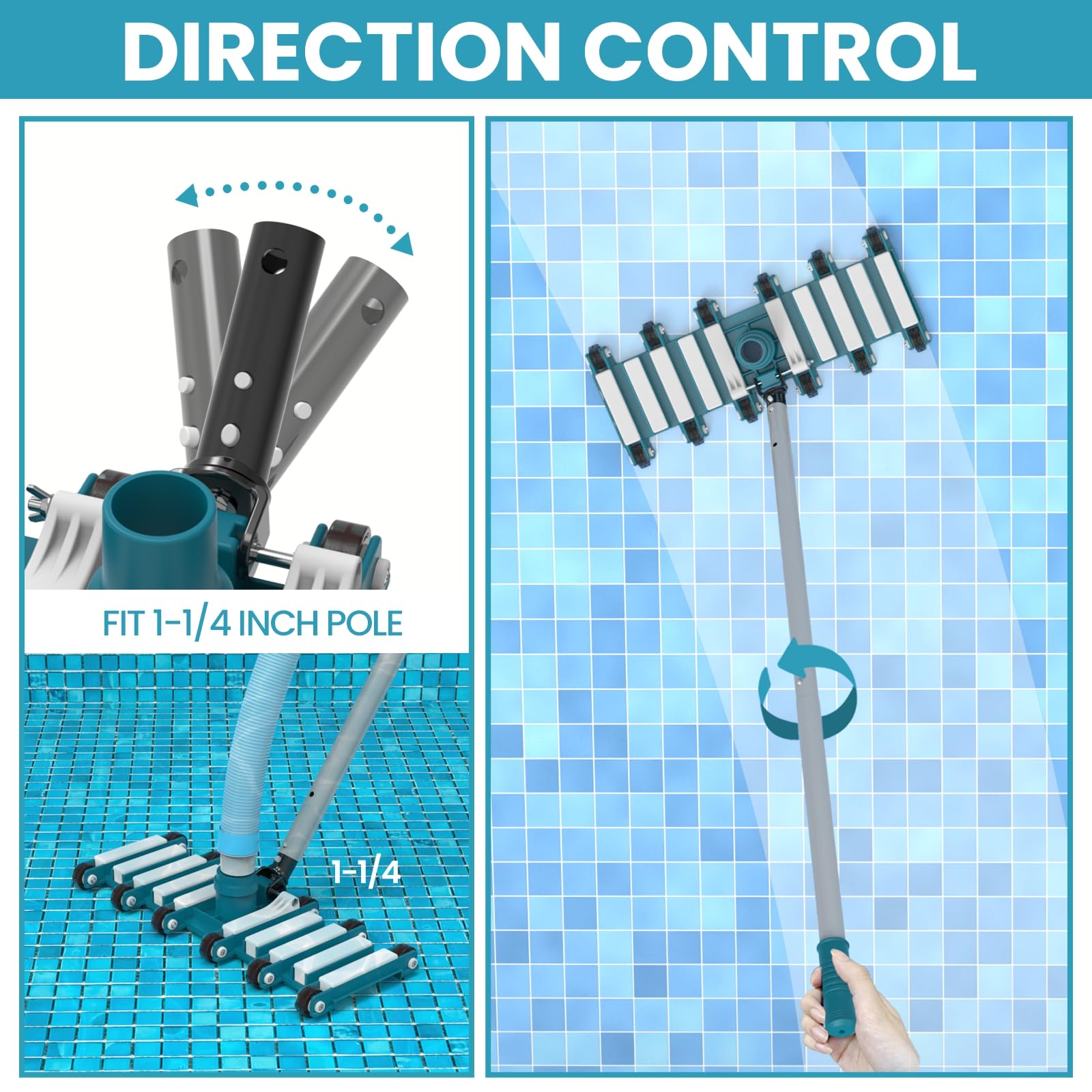POOLWHALE swivel hose connection showing 1.5" and 2" compatibility to prevent hose kinks