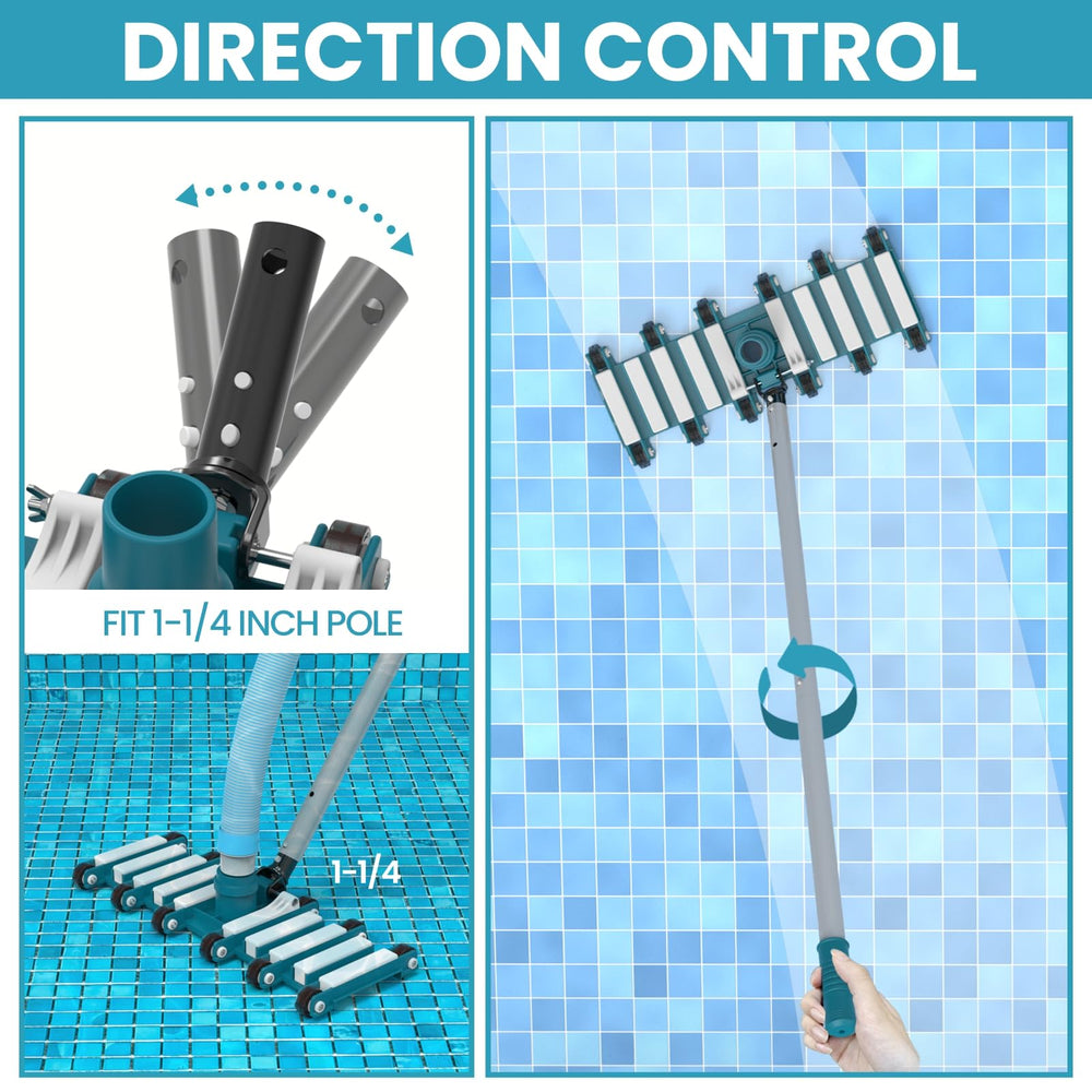 POOLWHALE swivel hose connection showing 1.5" and 2" compatibility to prevent hose kinks