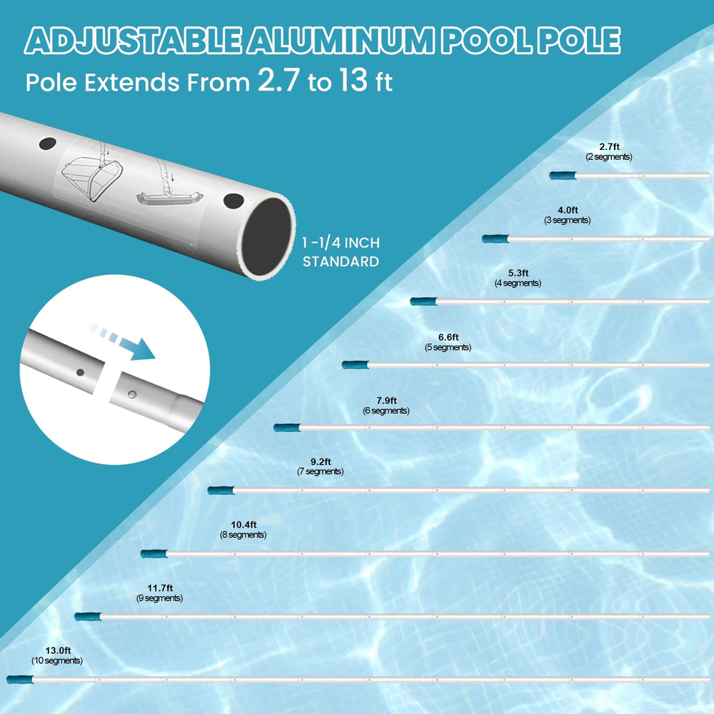POOLWHALE telescoping pole extended to reach deep pool areas for convenience
