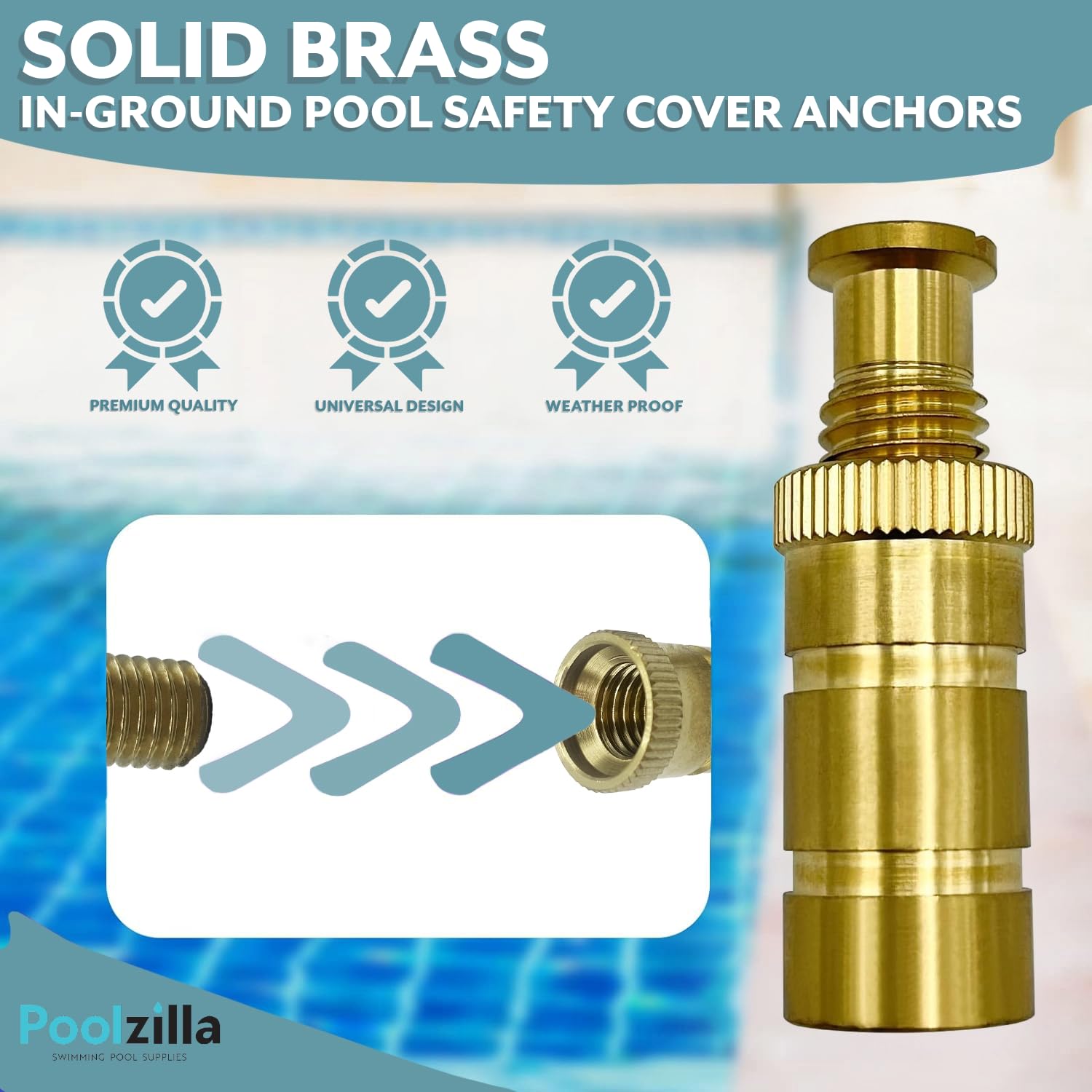 Poolzilla anchor seated flush in concrete hole showing accurate fit and stability