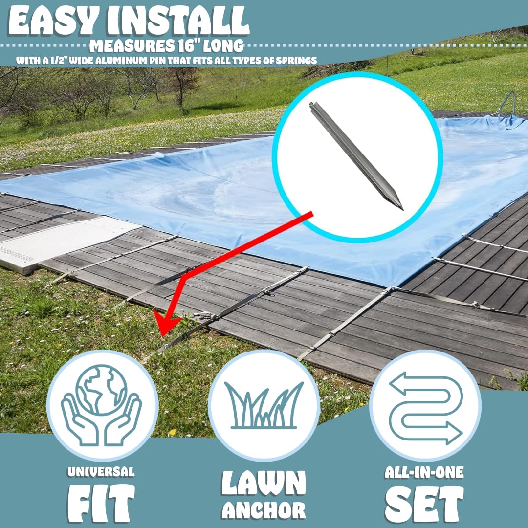 Poolzilla anchor partially installed in grass demonstrating secure soil grip