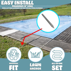Poolzilla anchor partially installed in grass demonstrating secure soil grip