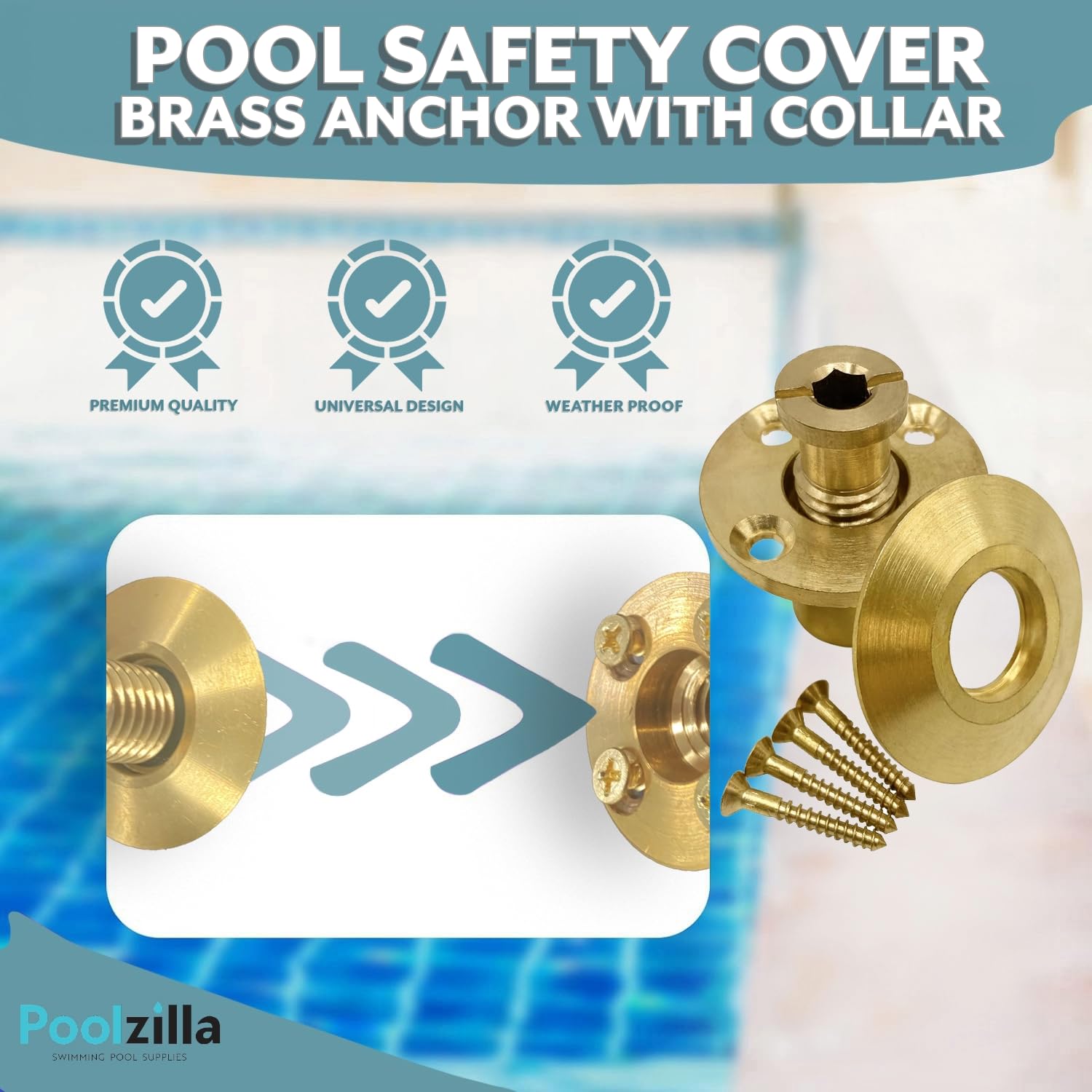 Poolzilla anchor installed in wood deck showing secure hold and tidy appearance