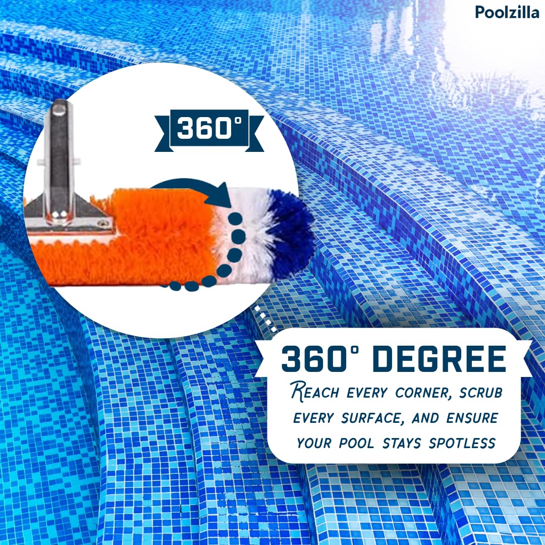 Poolzilla brush attached to telescopic pole offering easy reach and control