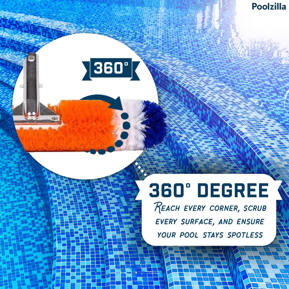 Poolzilla brush attached to telescopic pole offering easy reach and control