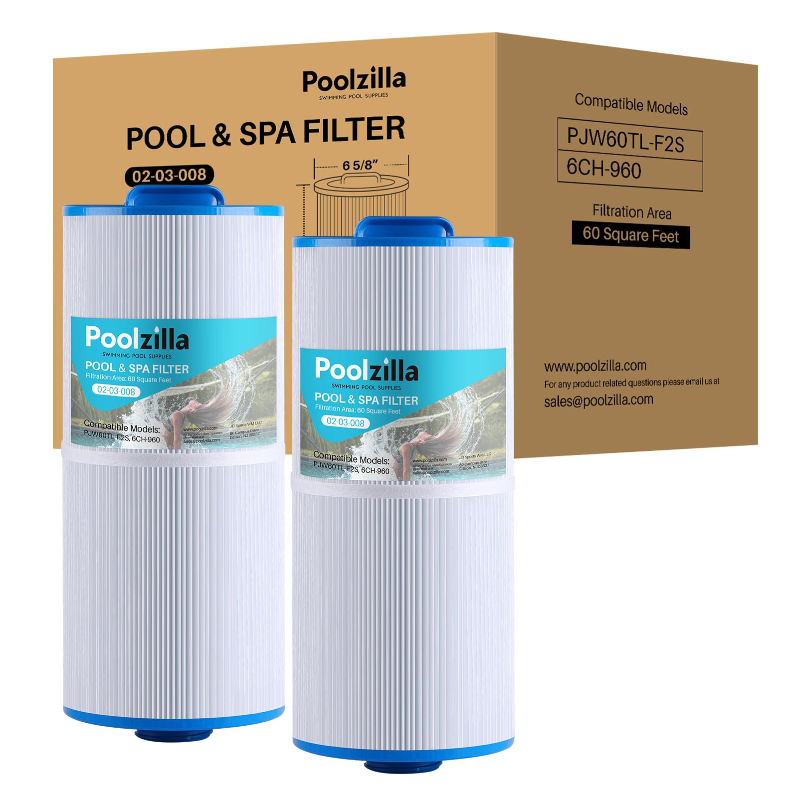 Poolzilla front packaging showing two replacement spa filters and fit details