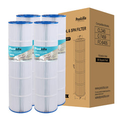 Poolzilla front packaging showing four replacement cartridges and clear labeling benefits filtration