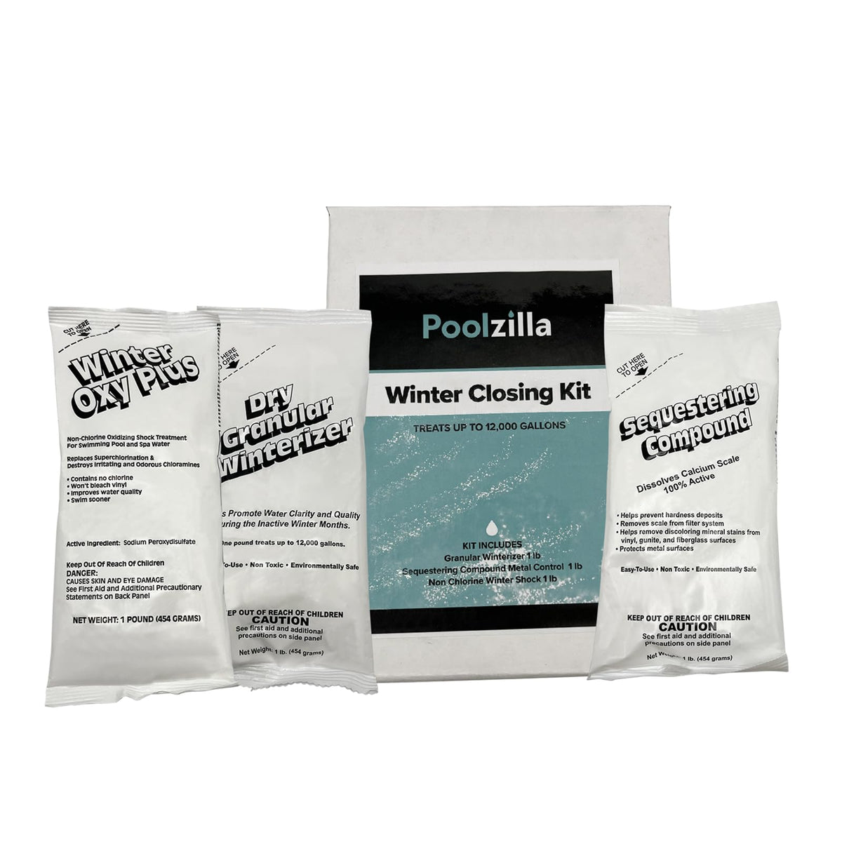 Poolzilla front packaging of winterizing kit showing contents and benefit of simplified winter care