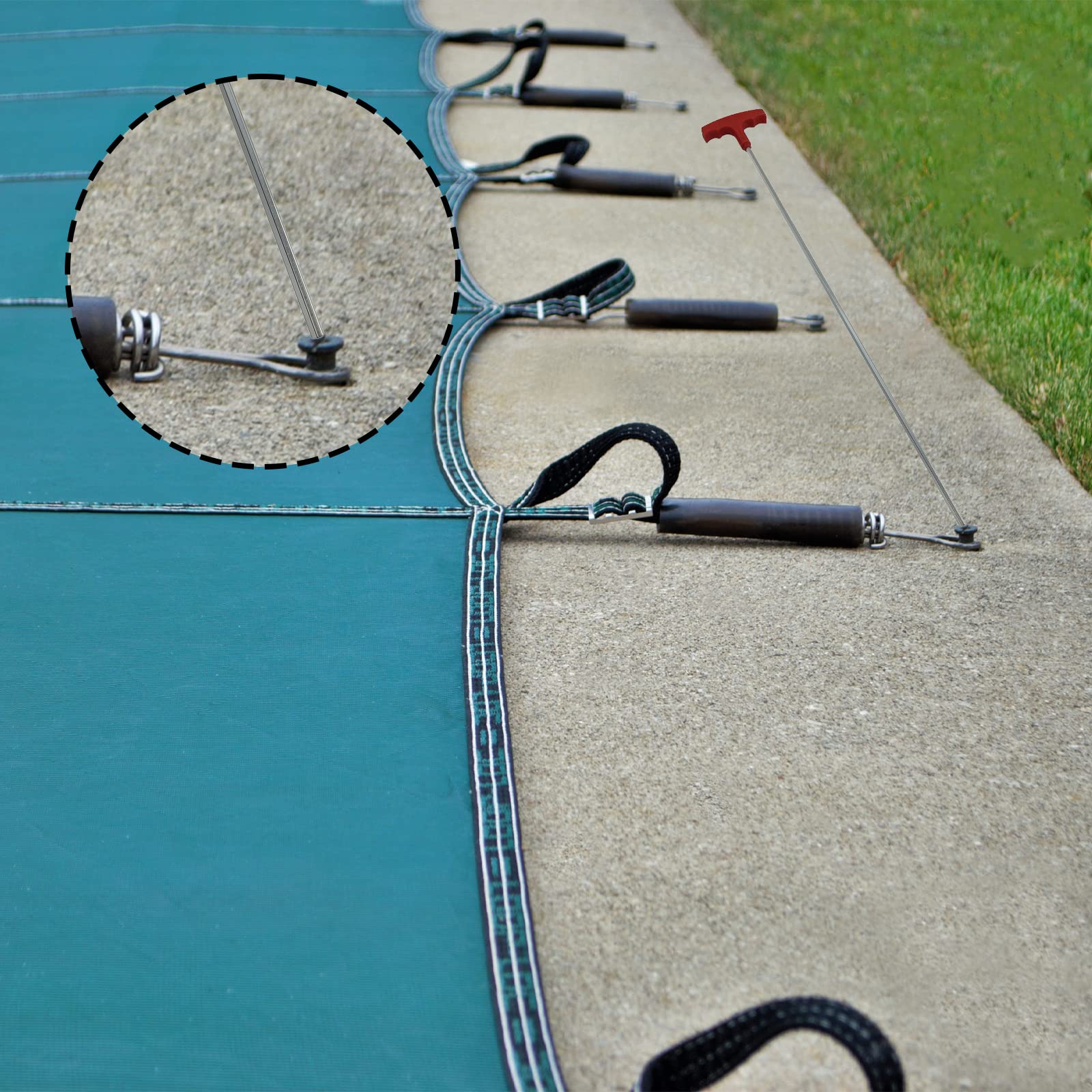 Poolzilla hex key beside anchor hardware illustrating compatibility and ready use