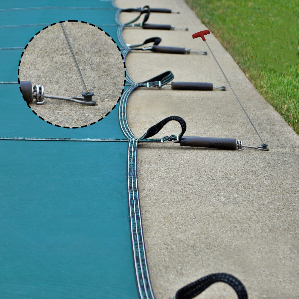 Poolzilla hex key beside anchor hardware illustrating compatibility and ready use