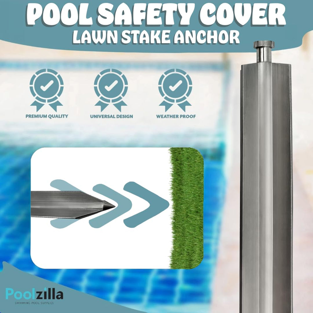 Poolzilla stake placed in flowerbed near pool edge illustrating discreet anchoring