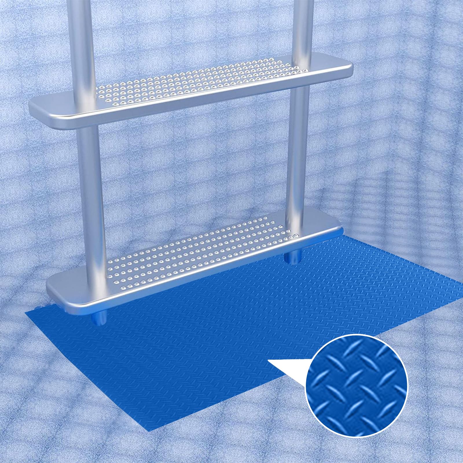 Poolzilla mat installed under pool ladder showing reduced liner wear
