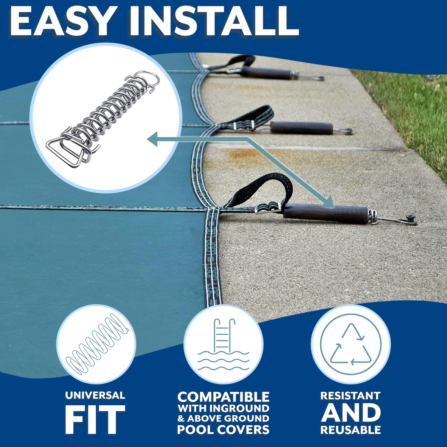 Poolzilla spring installed on pool anchor demonstrating steady tension and cover safety