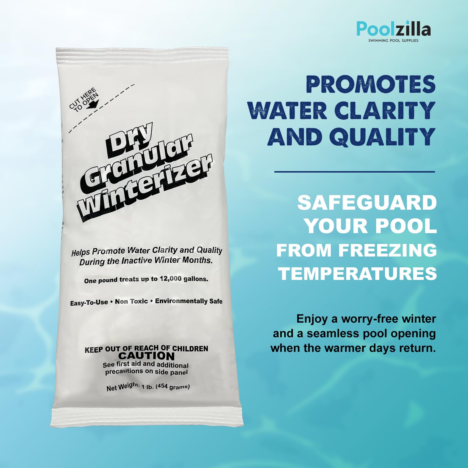 All Poolzilla kit contents laid out for quick dosing, showing convenience and time-saving benefit
