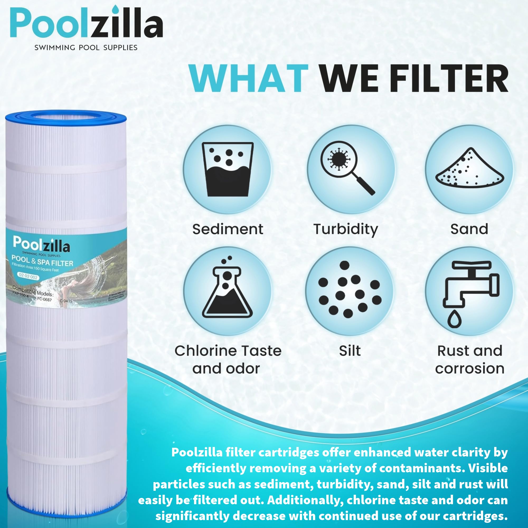 Poolzilla product label with cross-reference numbers for buyer confidence