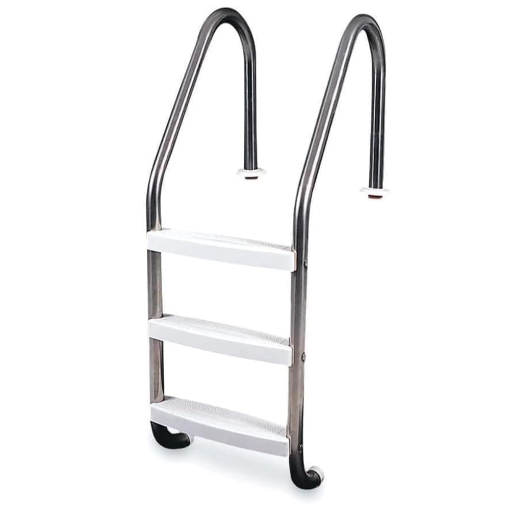 Poolzilla front view of ladder showing three steps and dual handrails for safe access