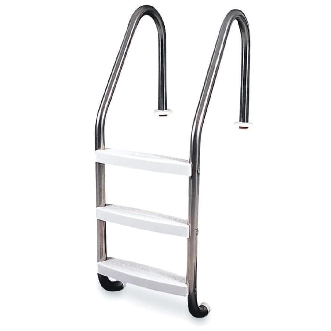 Poolzilla front view of ladder showing three steps and dual handrails for safe access