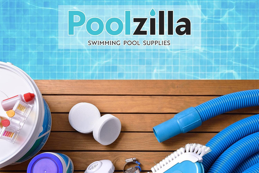 Poolzilla cartridge staged by backyard pool illustrating clearer water benefit