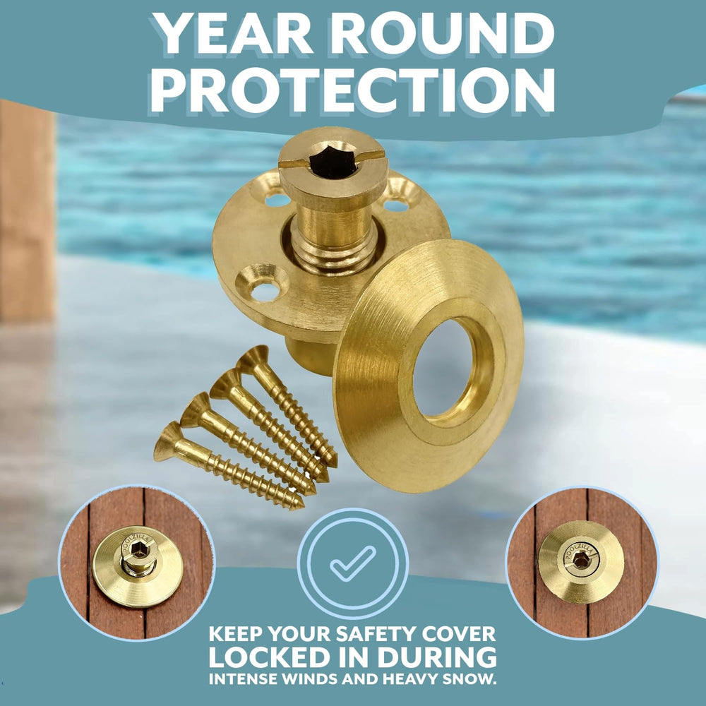 Poolzilla anchors visible on backyard deck with cover showing reliable protection