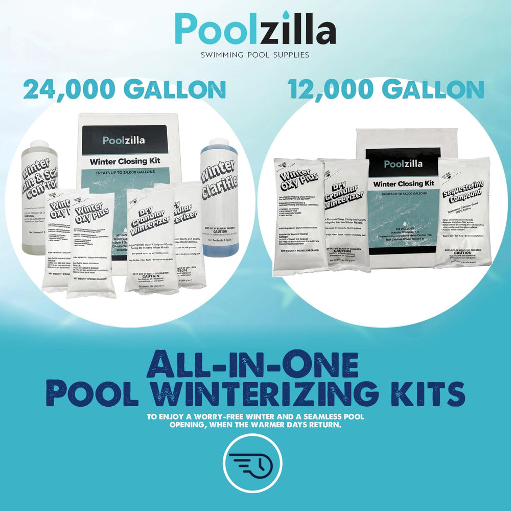 Backyard pool winterized using Poolzilla kit, emphasizing preserved clarity and easier spring opening