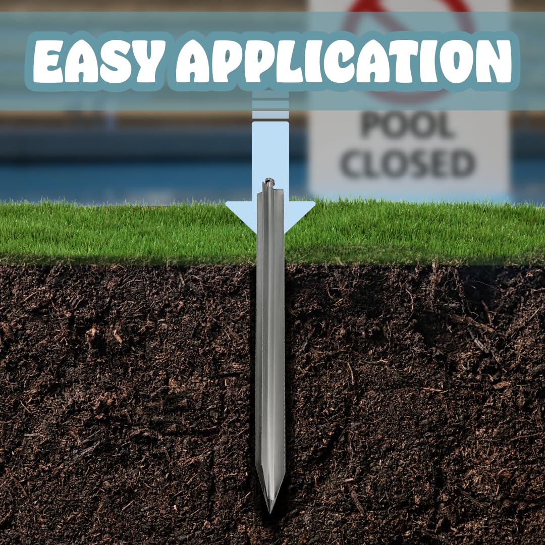 Poolzilla stake next to ruler showing 16-inch length for correct sizing