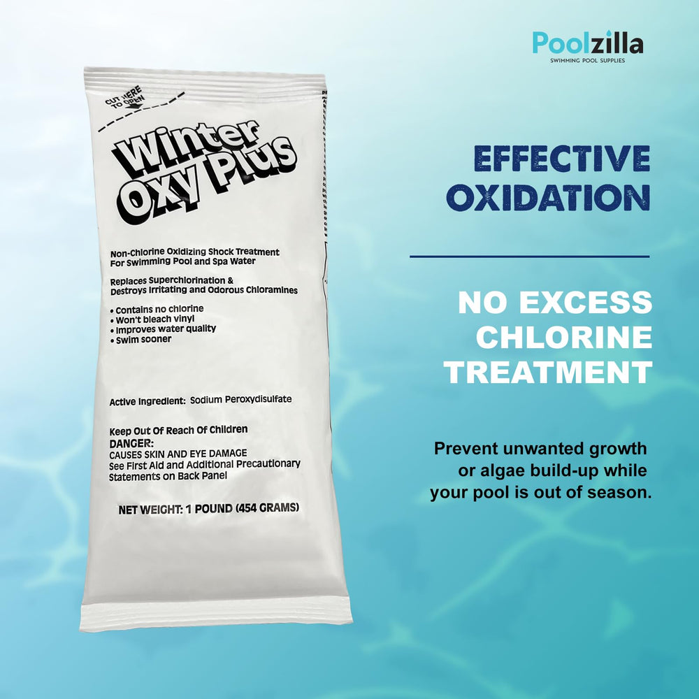 Poolzilla sequestering compound label visible, highlighting stain and scale prevention benefit