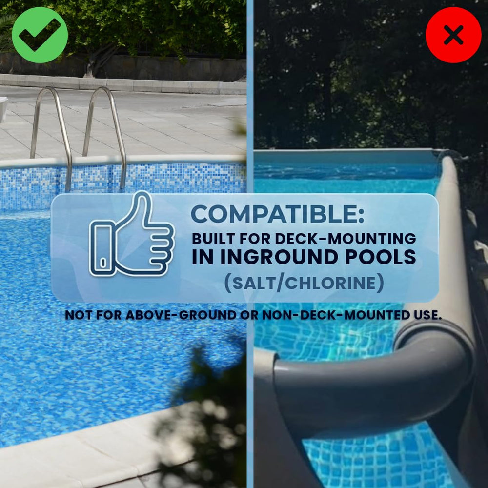 Poolzilla ladder next to tape measure showing dimensions and fit for anchors