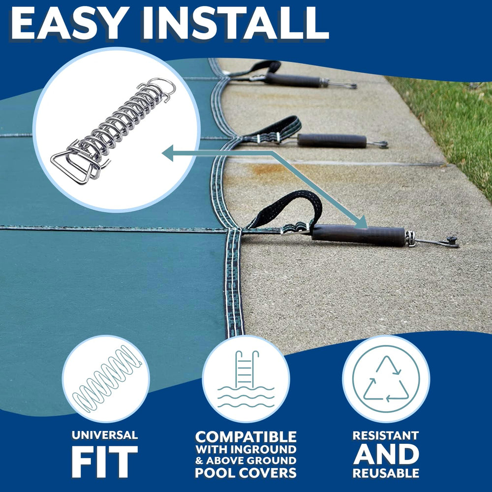 Poolzilla spring hooked to anchor demonstrating secure cover attachment