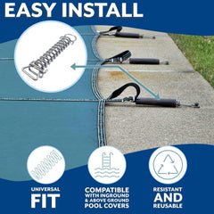 Poolzilla spring hooked to anchor demonstrating secure cover attachment