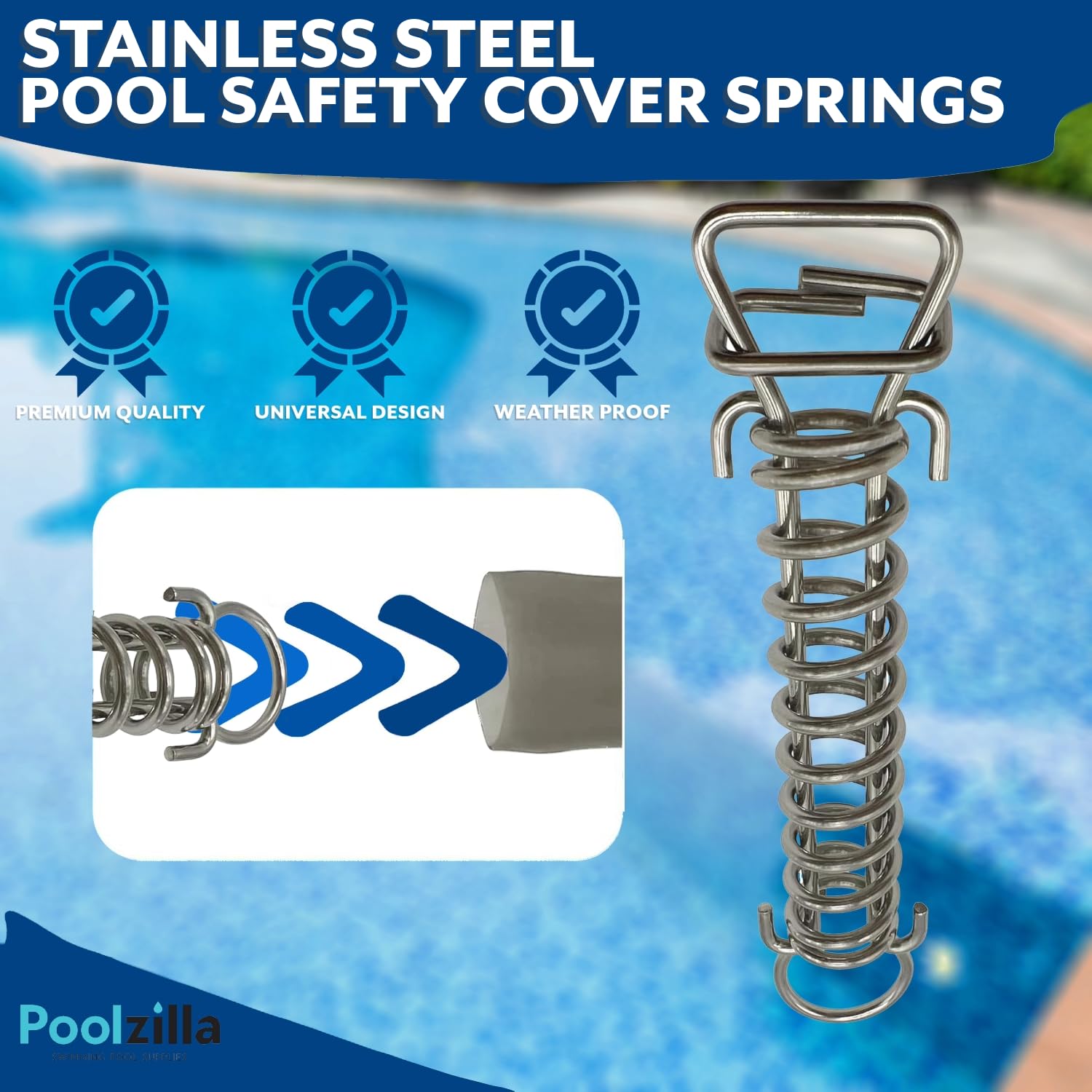 Poolzilla spring end-hook detail showing universal connection and secure fit advantage