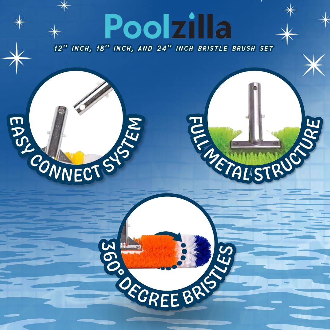 Poolzilla three brush heads side by side showing 12, 18, and 24 inch coverage