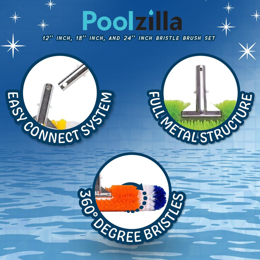 Poolzilla three brush heads side by side showing 12, 18, and 24 inch coverage