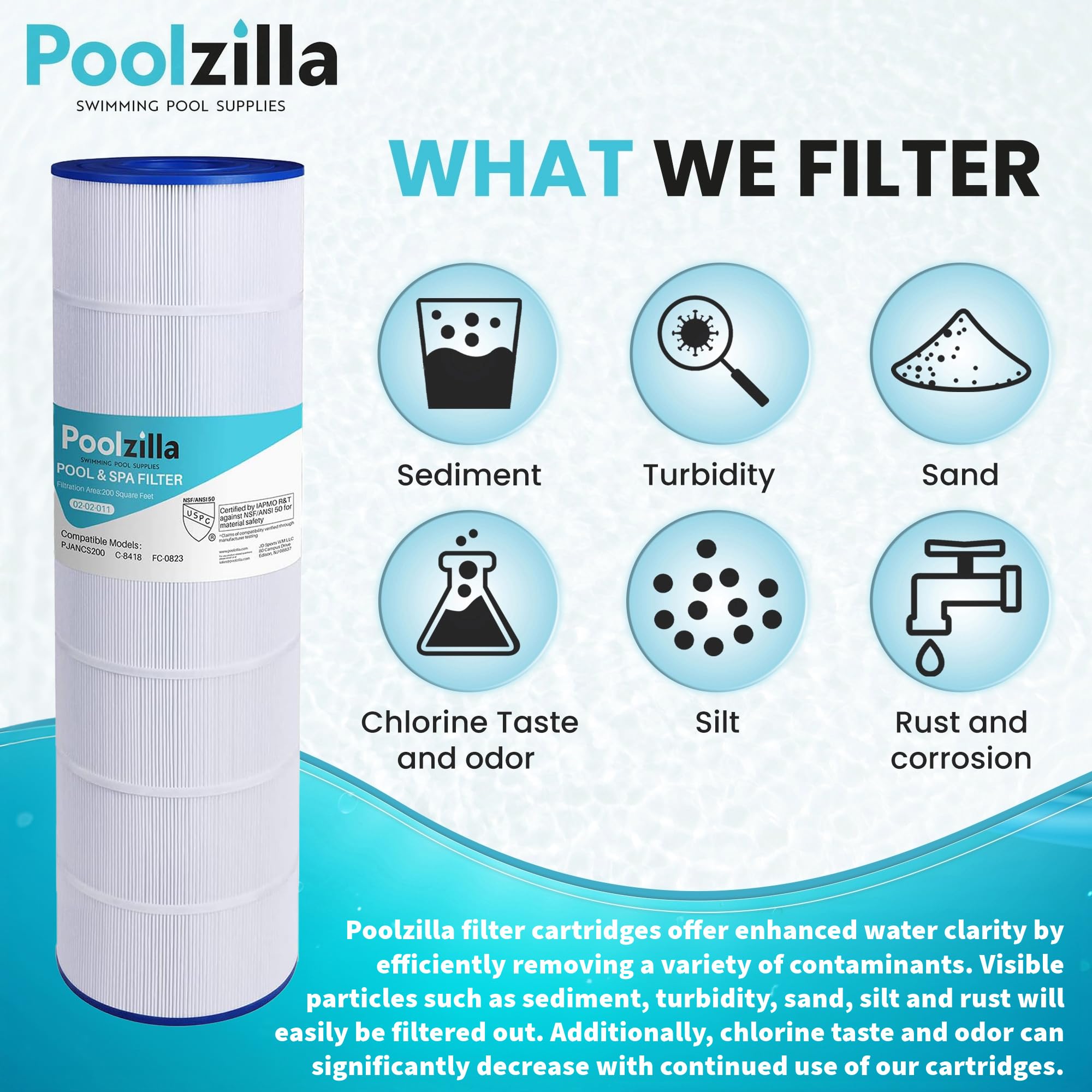 Poolzilla cartridge being rinsed under hose illustrating simple cleaning and maintenance