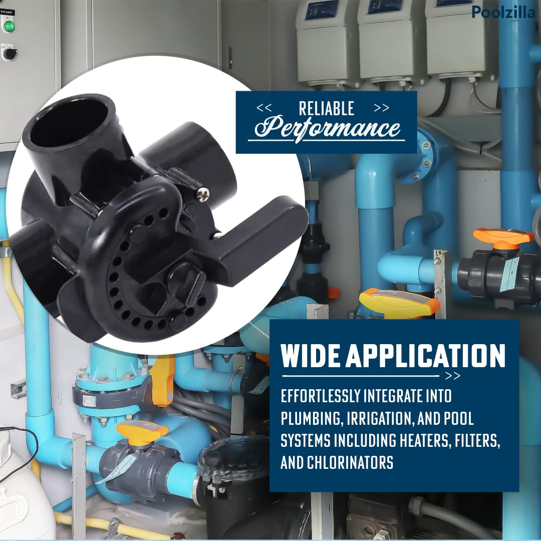 Poolzilla valve connected with 2-inch coupling highlighting adaptable connection options