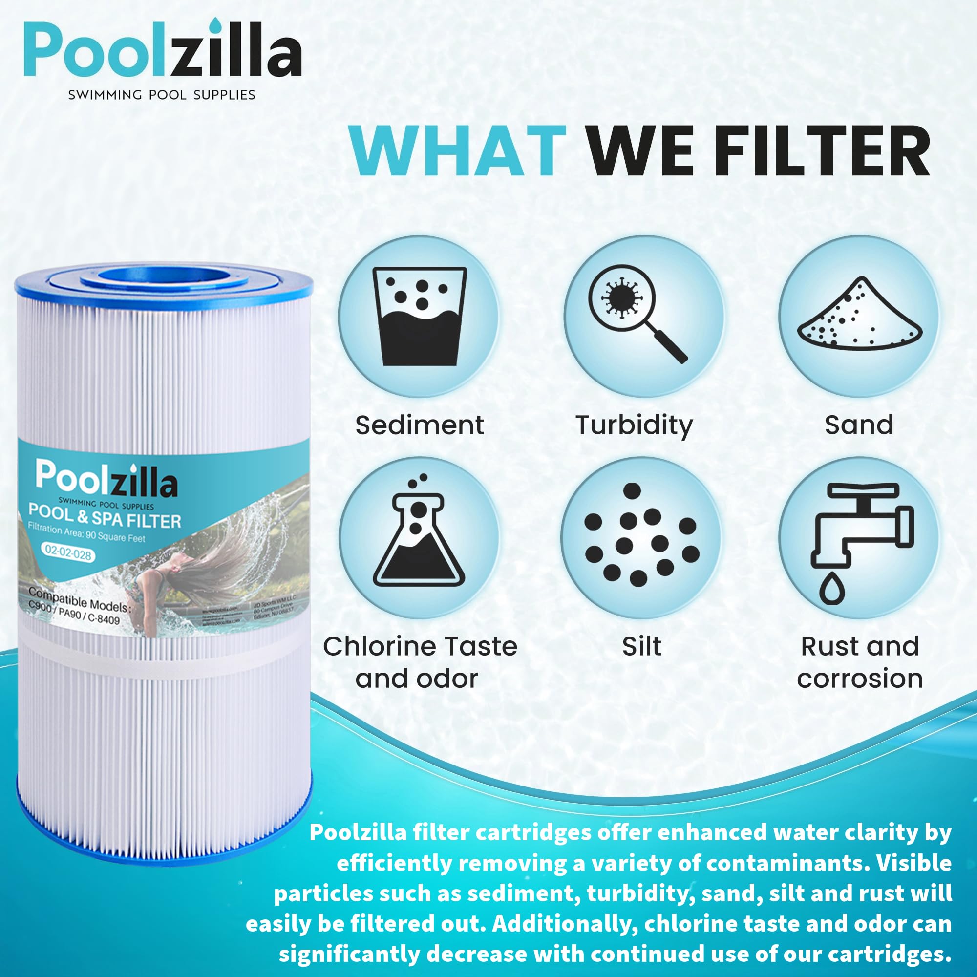 Poolzilla wet media surface showing captured debris for improved clarity