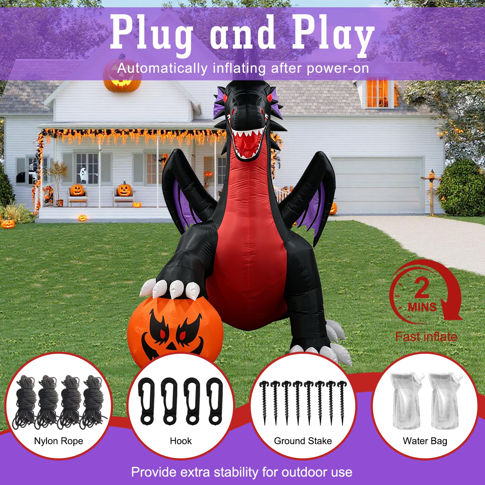 Popblow inflatable lit at night in a lawn setting providing visible festive Halloween atmosphere